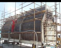 Heater maintenance with scaffolding and controlled access to process equipment.