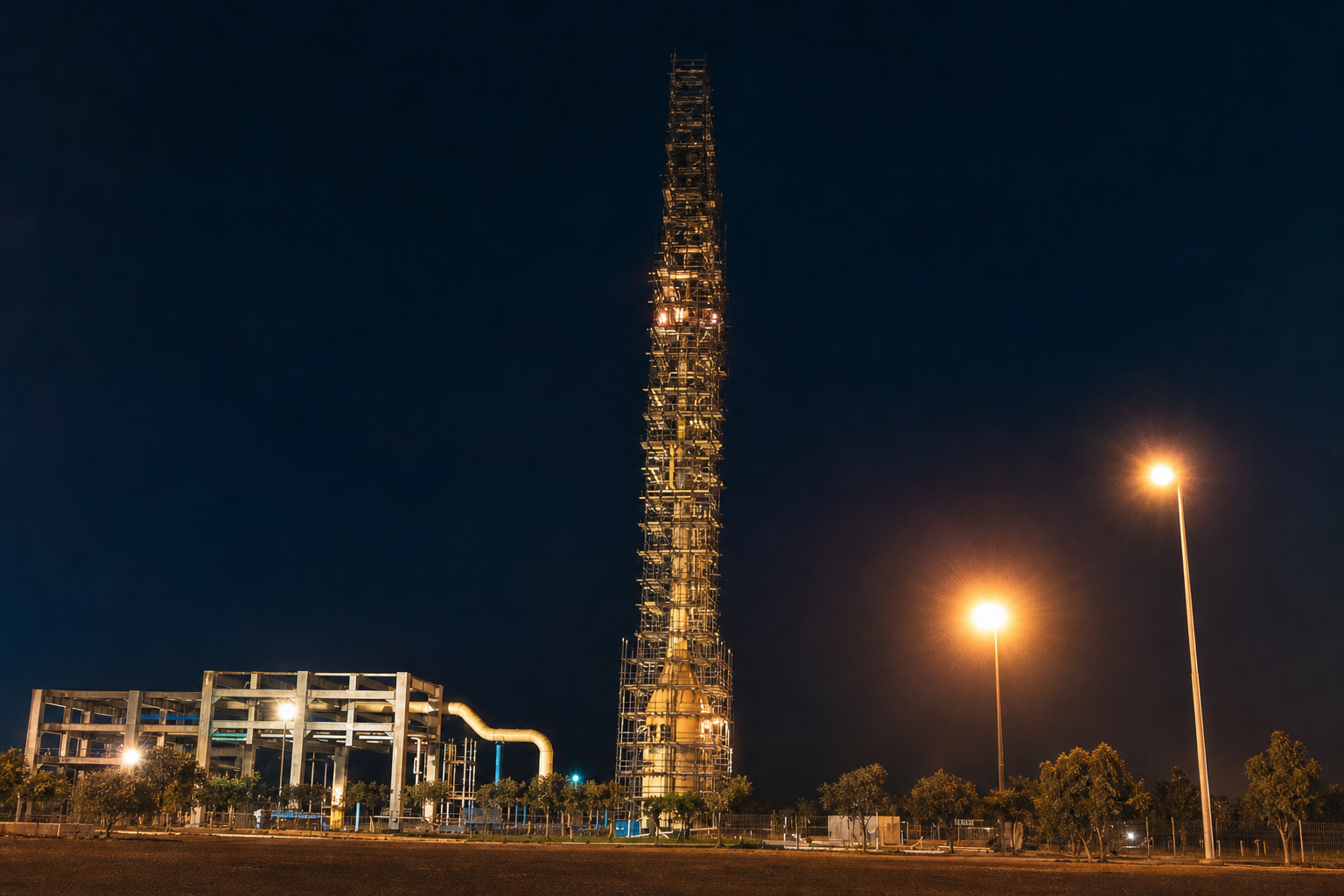Editorial restoration of a process tower during nighttime field intervention
